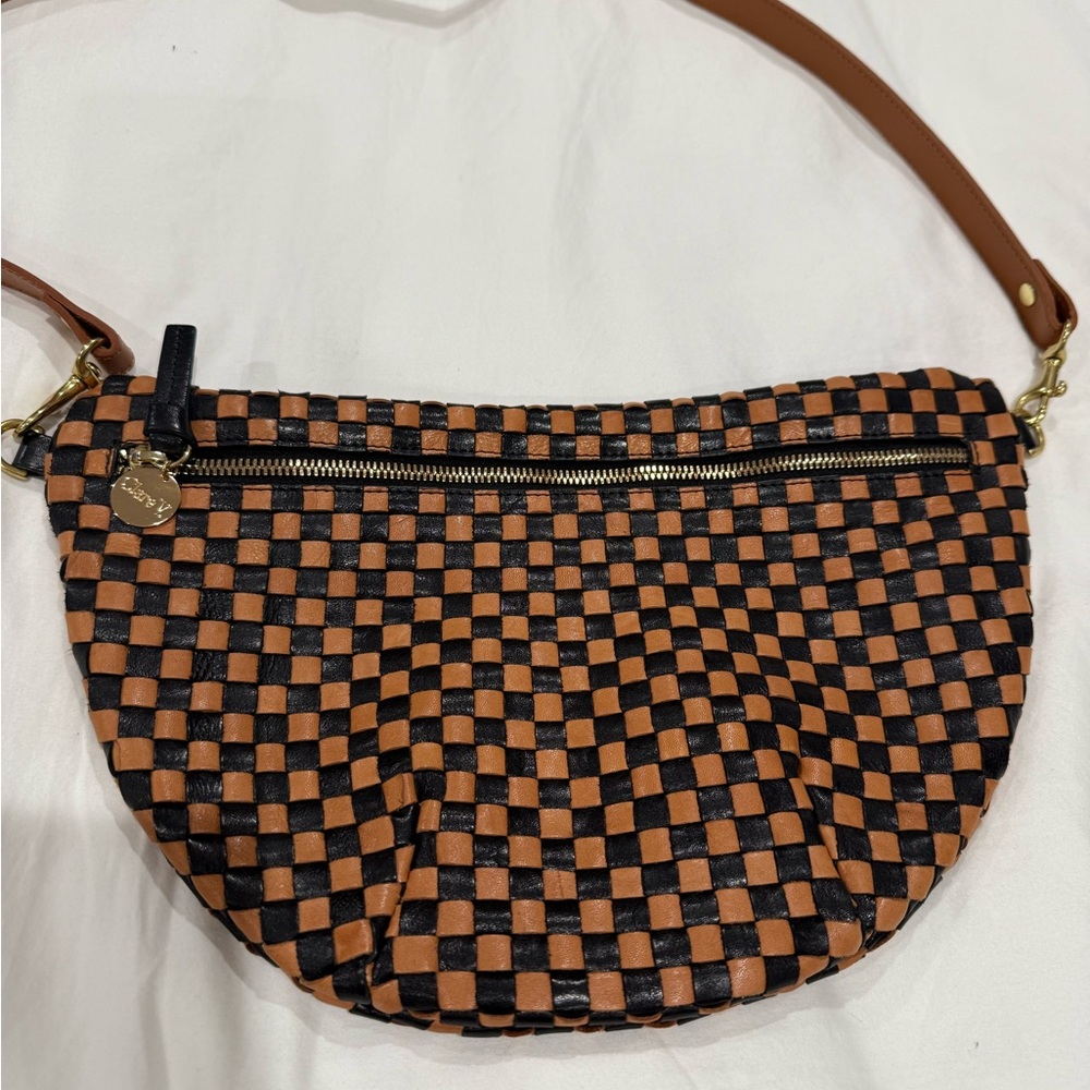 NWOT CLARE V: GRANDE FANNY: BLACK & NATURAL WOVEN CHECKER
